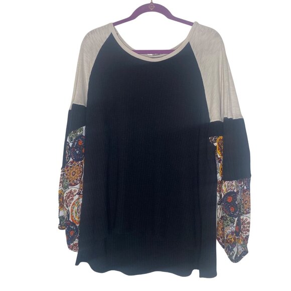 Umgee USA 1XL Black Color Block Tunic Top Boho Patterned Puff Sleeves - Picture 1 of 9